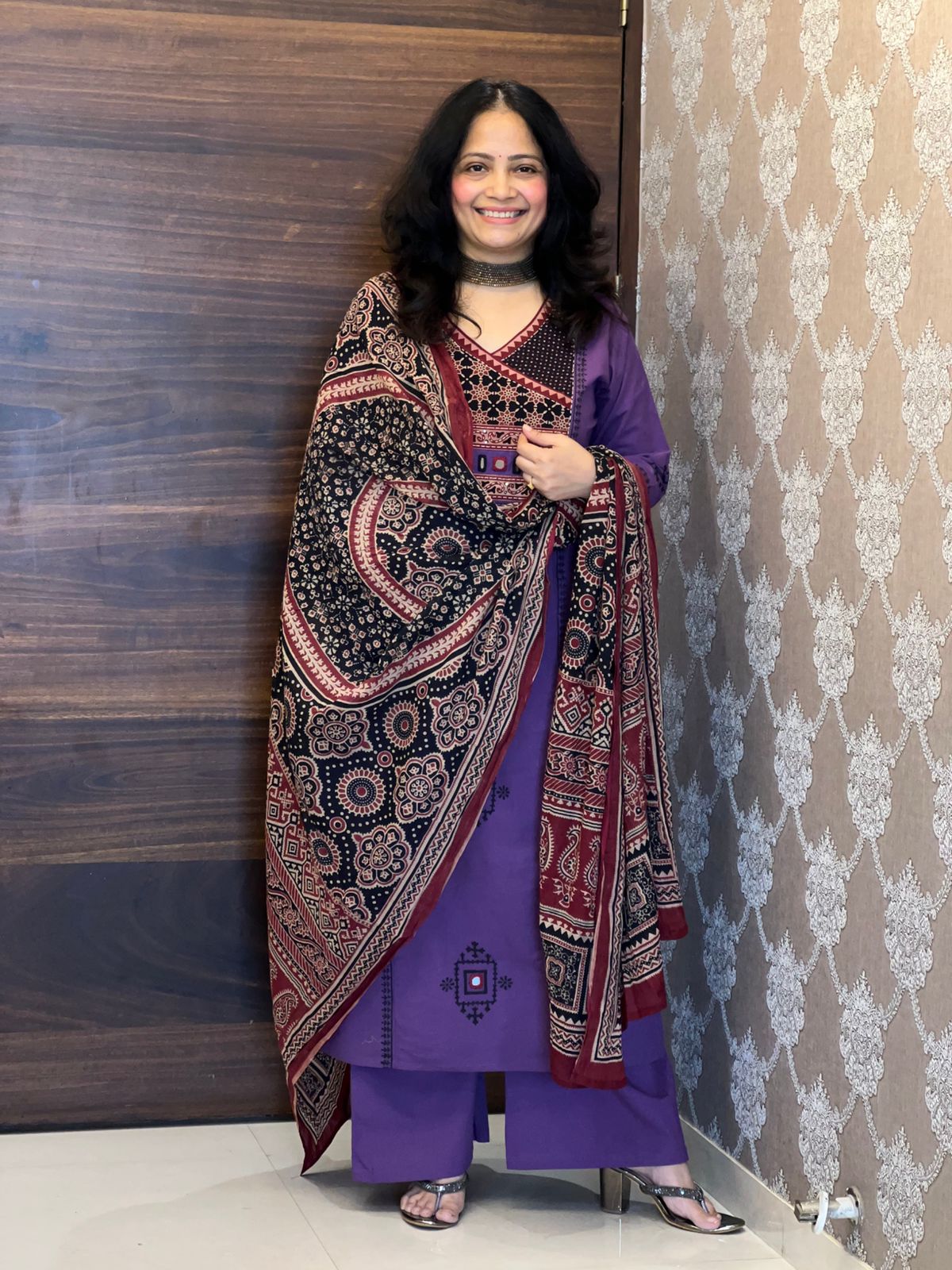 Purple Dabu Cotton Dupatta Set