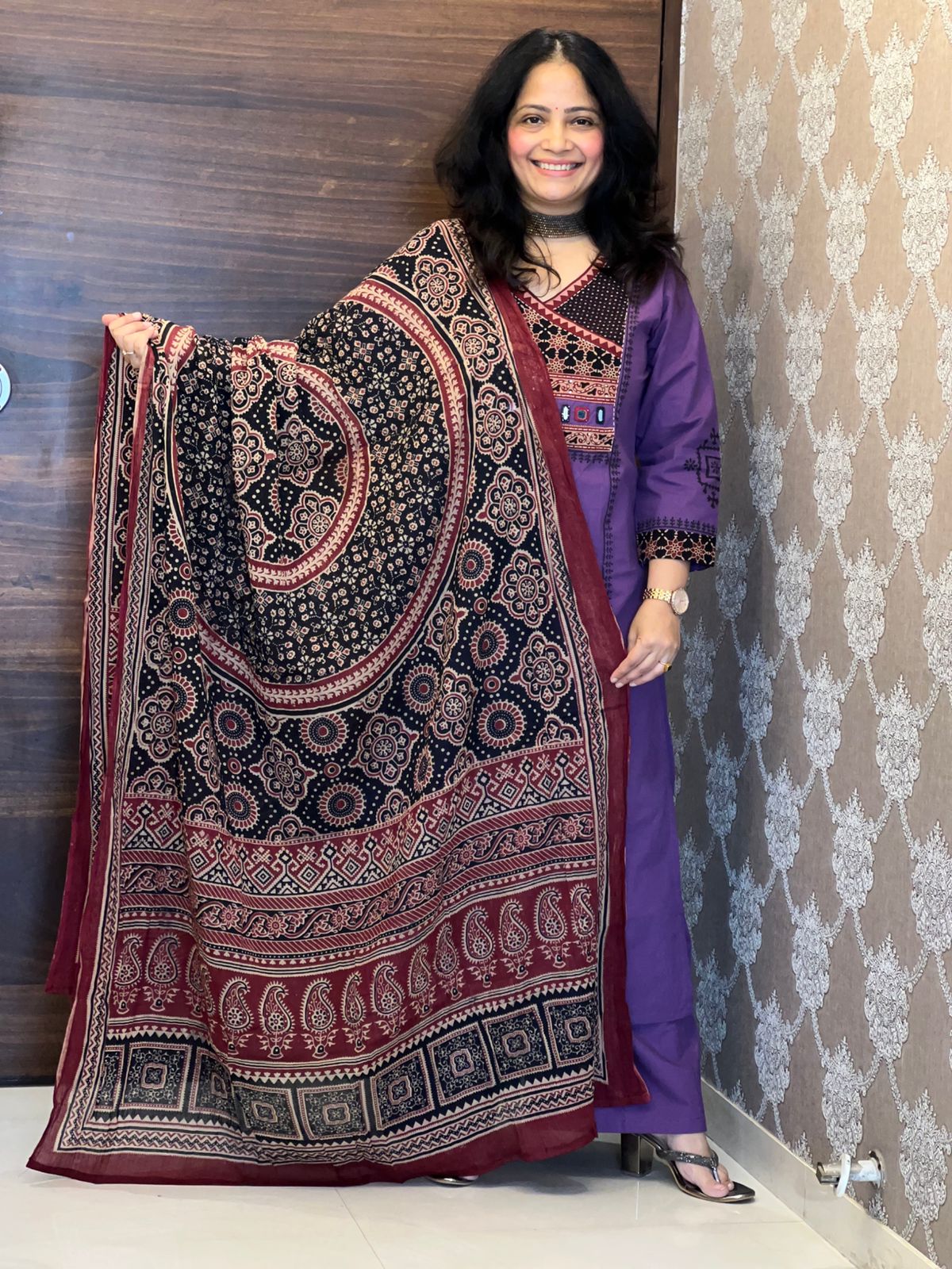 Purple Dabu Cotton Dupatta Set