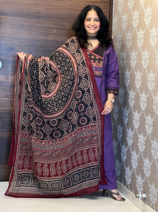 Purple Dabu Cotton Dupatta Set