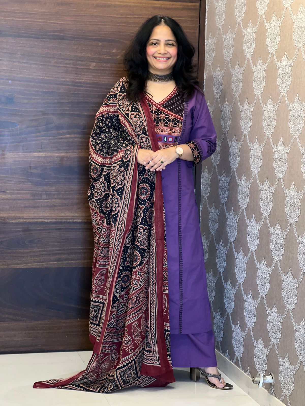 Purple Dabu Cotton Dupatta Set