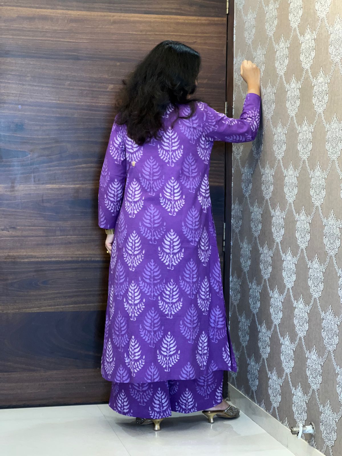 Purple Color Dabu Hand Block Print Pure Cotton A Line Kurti With Palazzo