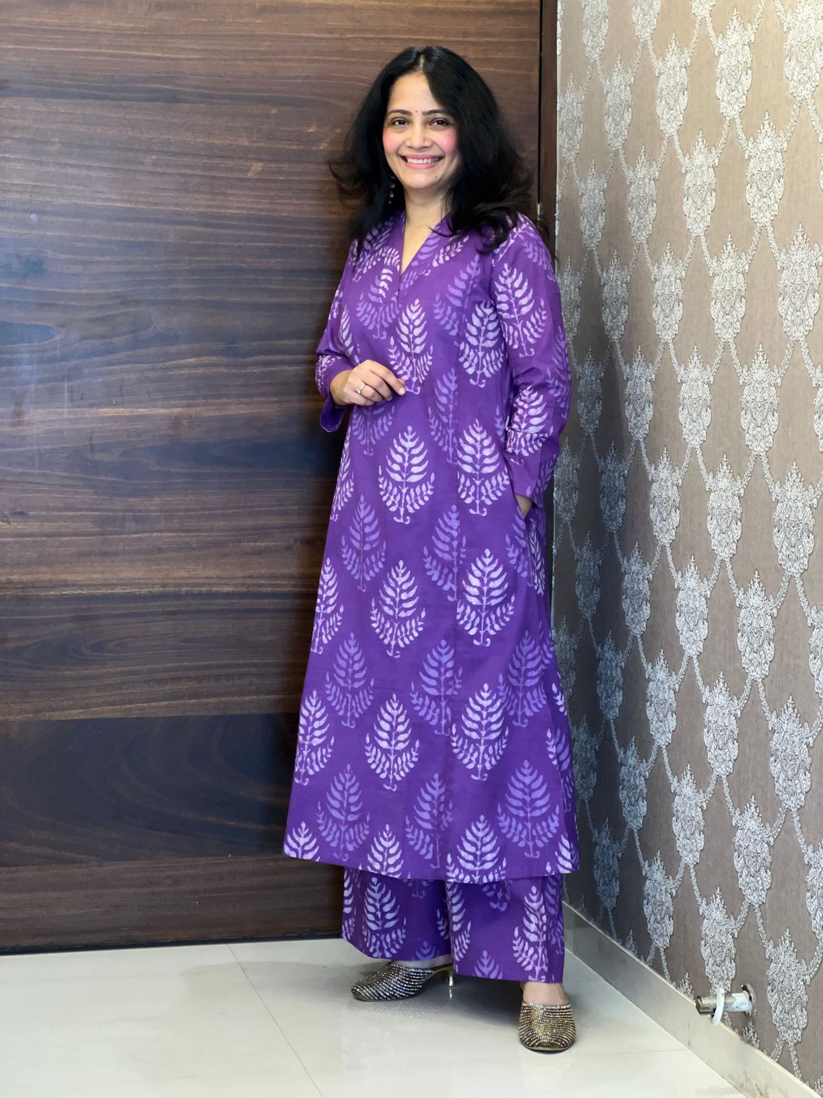 Purple Color Dabu Hand Block Print Pure Cotton A Line Kurti With Palazzo