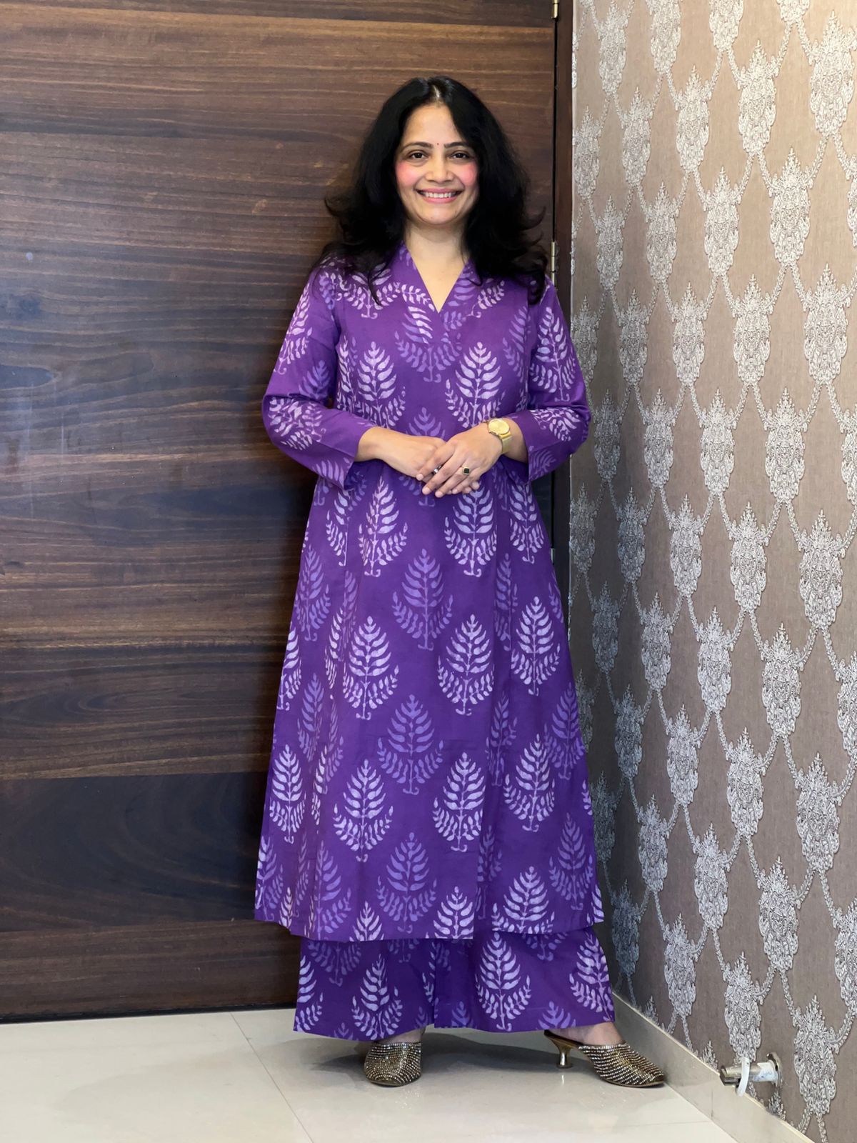 Purple Color Dabu Hand Block Print Pure Cotton A Line Kurti With Palazzo