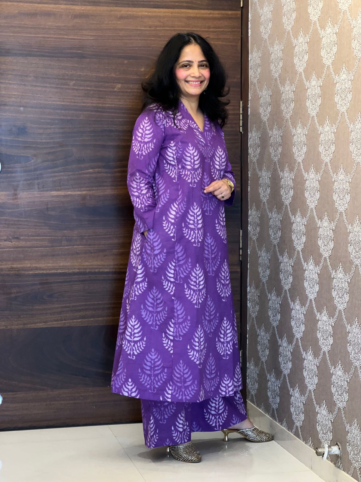 Purple Color Dabu Hand Block Print Pure Cotton A Line Kurti With Palazzo