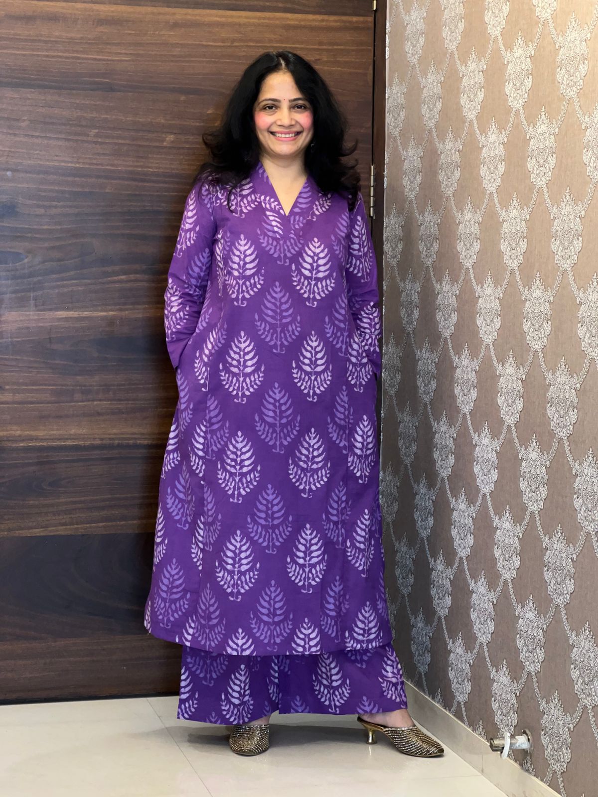 Purple Color Dabu Hand Block Print Pure Cotton A Line Kurti With Palazzo