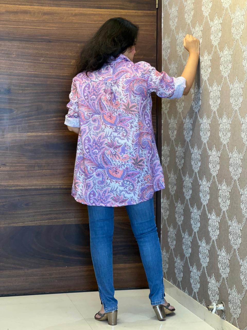 Digital Print Purple Color Cotton Blend Shirt Top