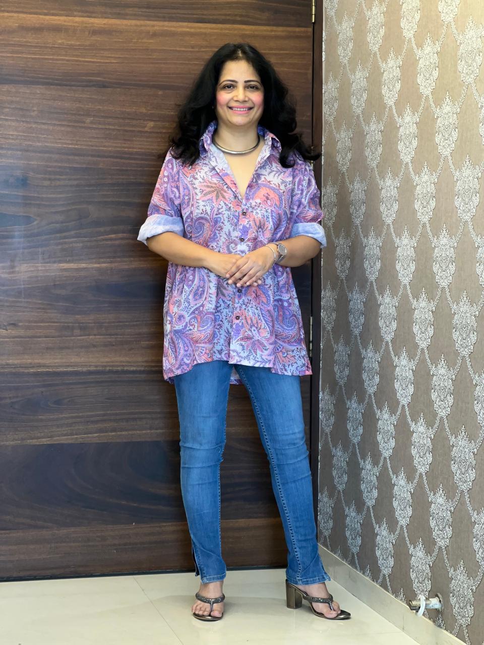 Digital Print Purple Color Cotton Blend Shirt Top