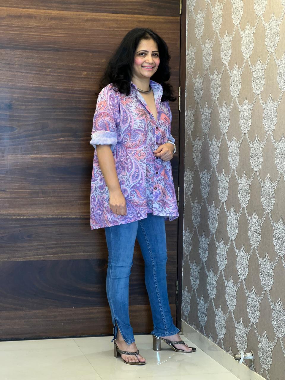 Digital Print Purple Color Cotton Blend Shirt Top