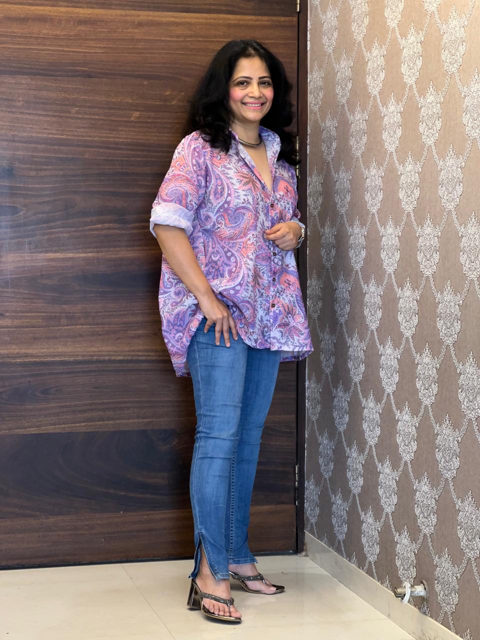 Digital Print Purple Color Cotton Blend Shirt Top
