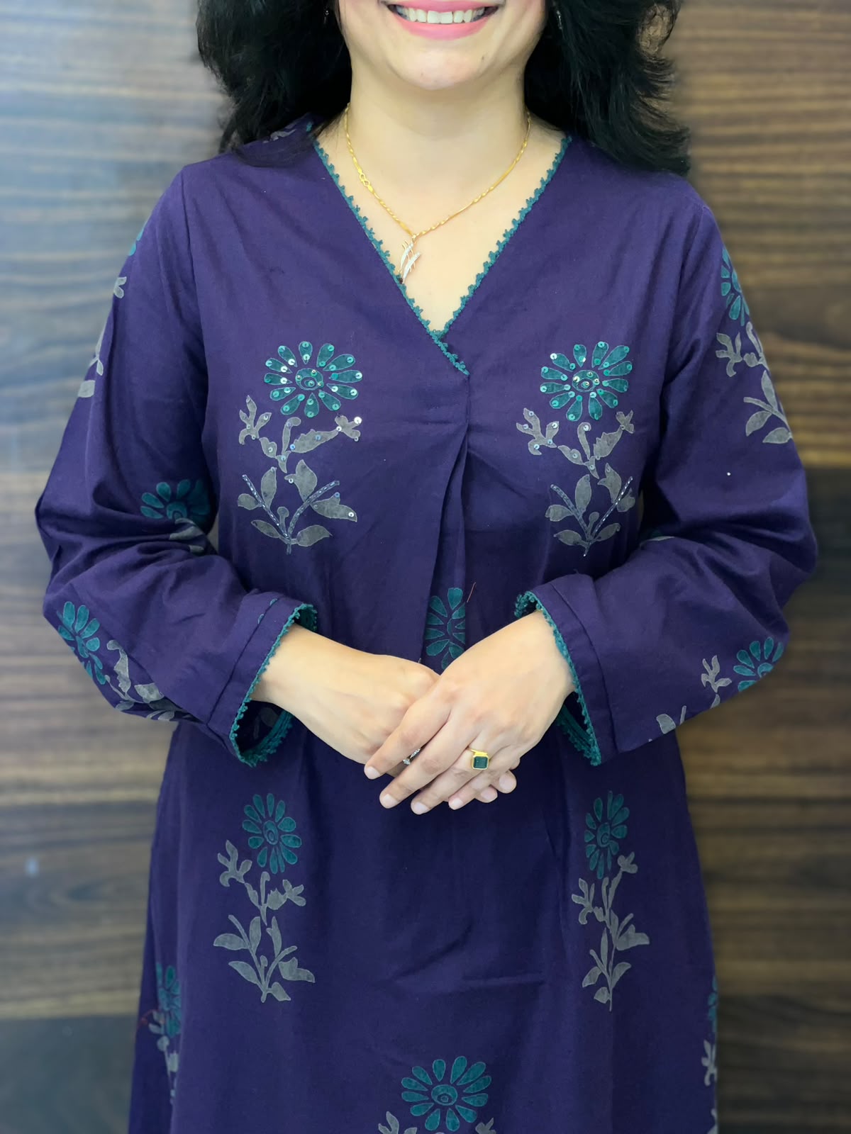Purple Color Block Printed Cotton Flex A Line Kurti With Palazzo