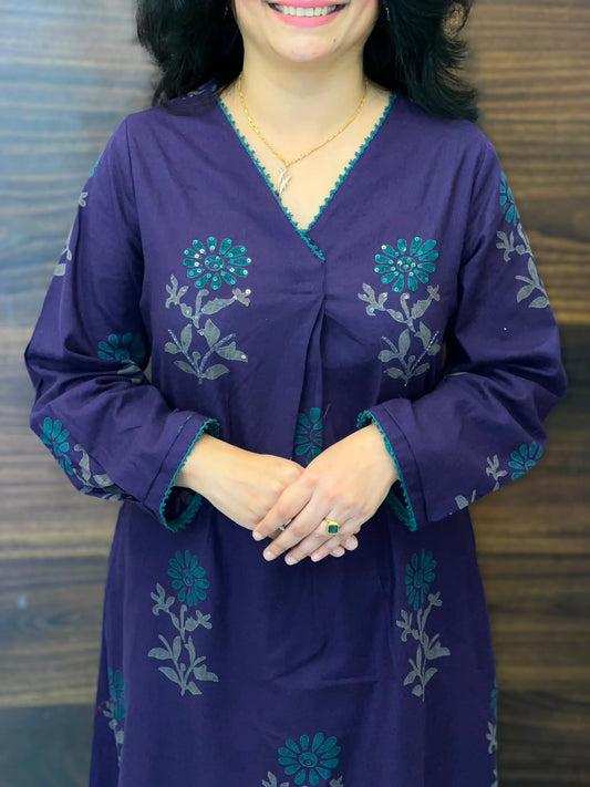 Purple Color Block Printed Cotton Flex A Line Kurti With Palazzo