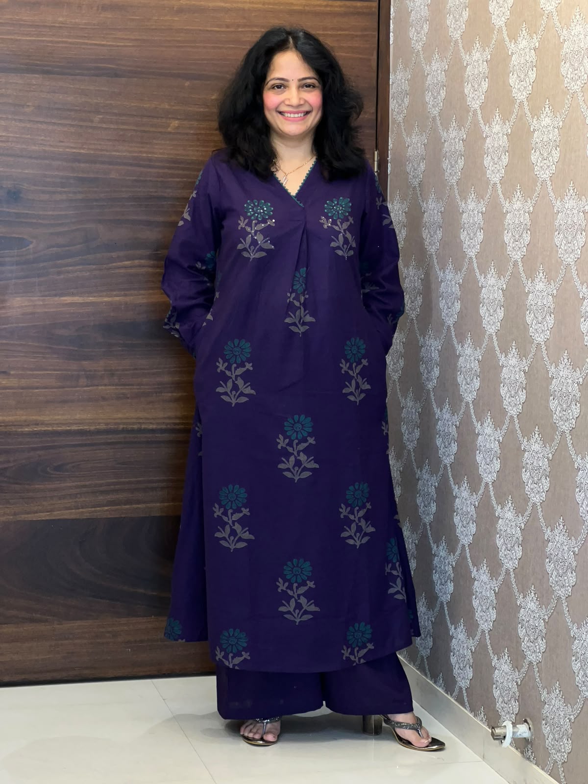 Purple Color Block Printed Cotton Flex A Line Kurti With Palazzo