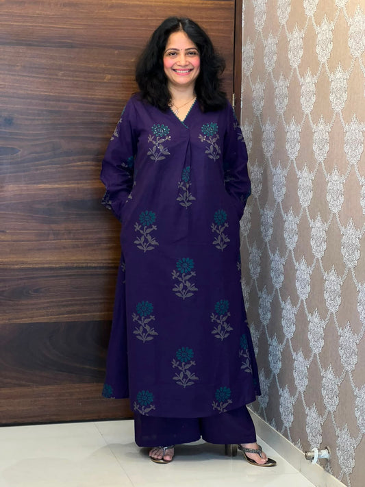 Purple Color Block Printed Cotton Flex A Line Kurti With Palazzo