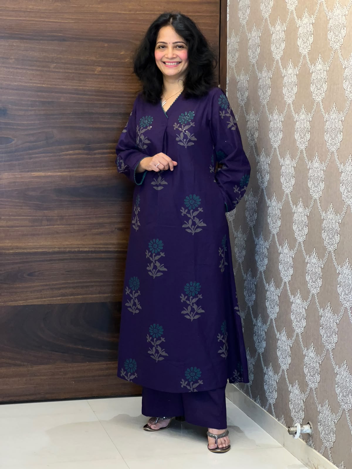 Purple Color Block Printed Cotton Flex A Line Kurti With Palazzo