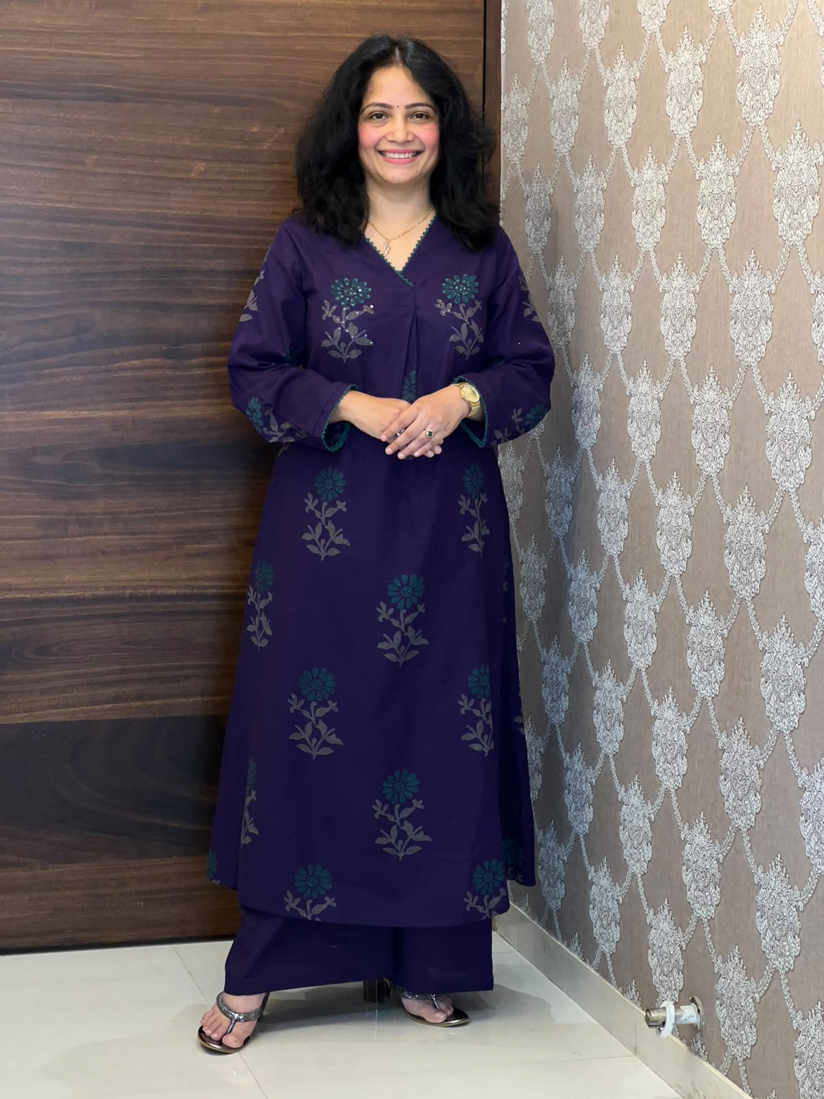 Purple Color Block Printed Cotton Flex A Line Kurti With Palazzo