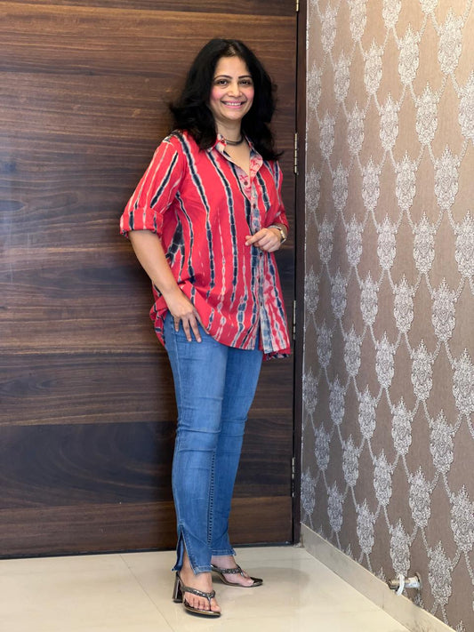 Shibori Print Red Color Pure Cotton Shirt Top