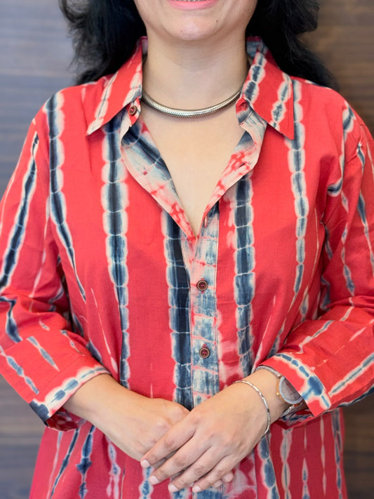 Shibori Print Red Color Pure Cotton Shirt Top