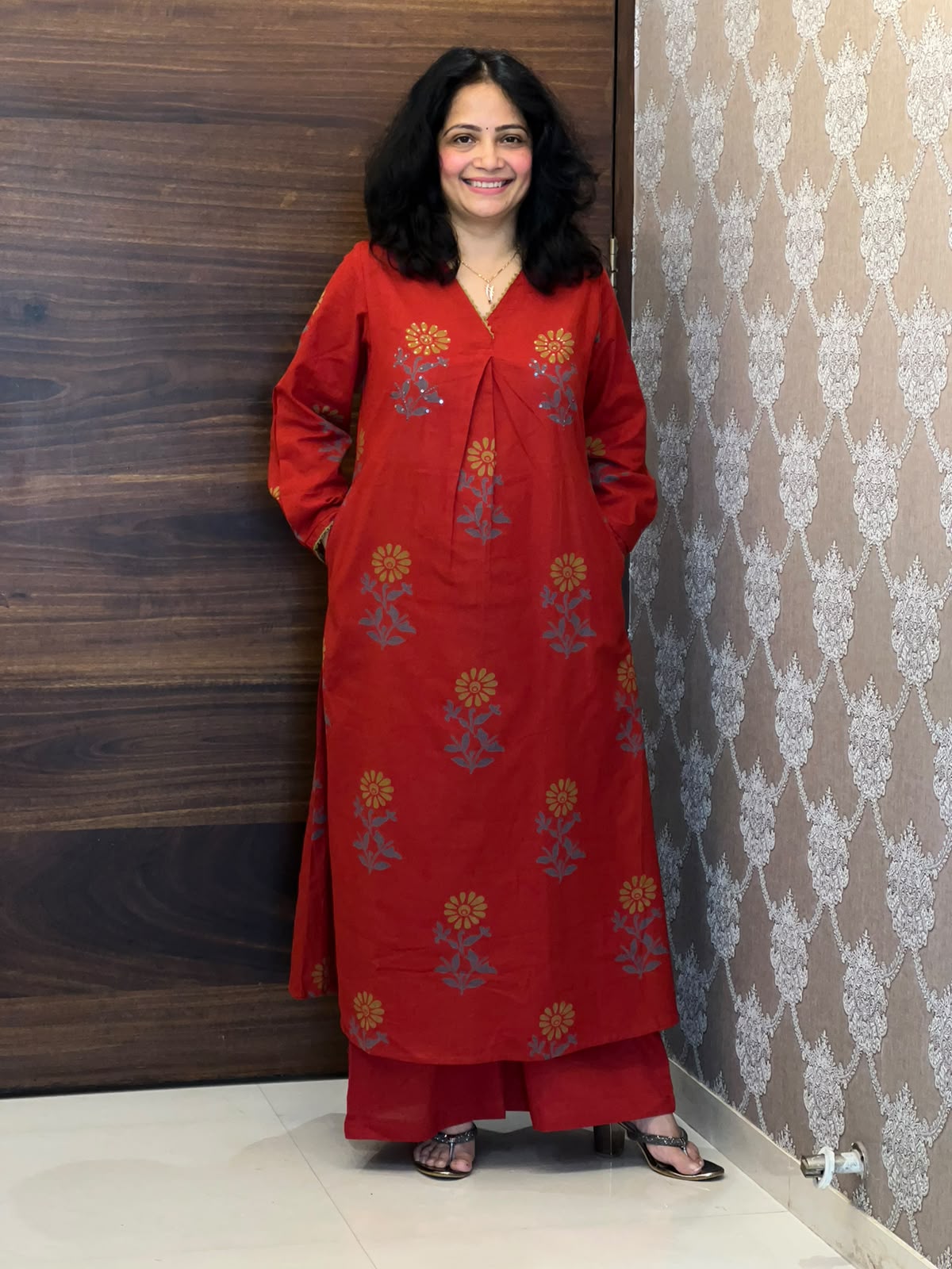 Red Color Block Printed Cotton Flex A Line Kurti With Palazzo
