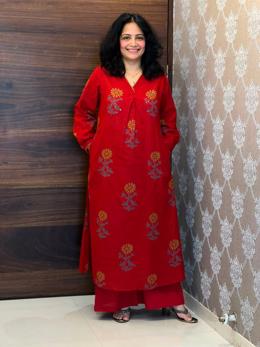 Red Color Block Printed Cotton Flex A Line Kurti With Palazzo