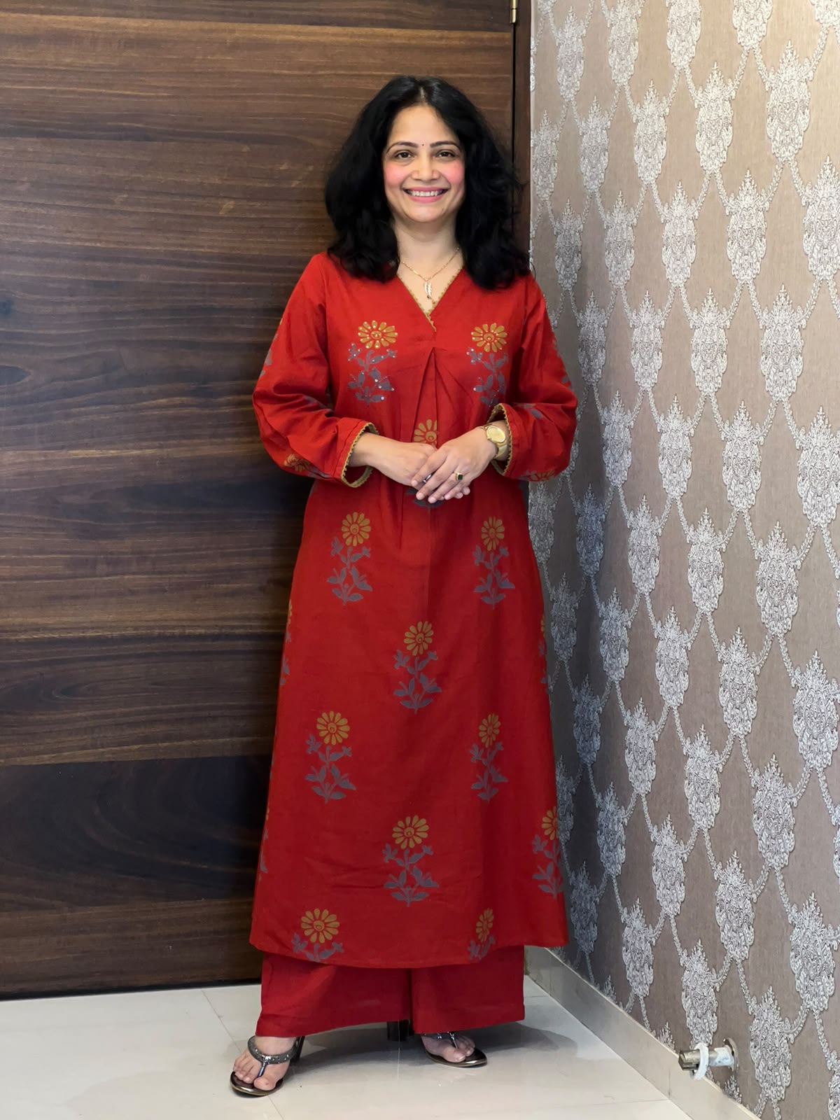 Red Color Block Printed Cotton Flex A Line Kurti With Palazzo