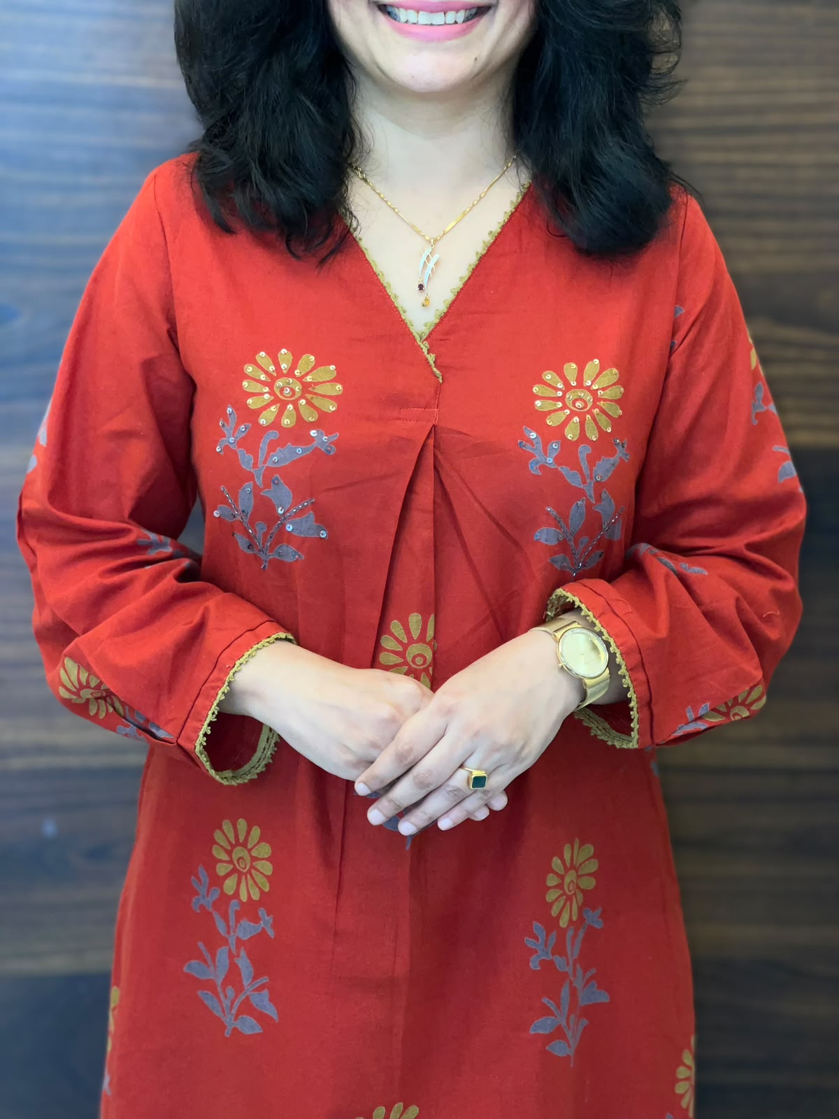 Red Color Block Printed Cotton Flex A Line Kurti With Palazzo