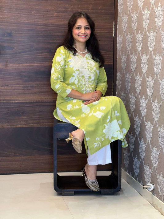 Green Color Mul-Cotton Chikankari Kurti
