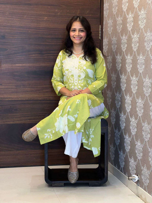 Green Color Mul-Cotton Chikankari Kurti