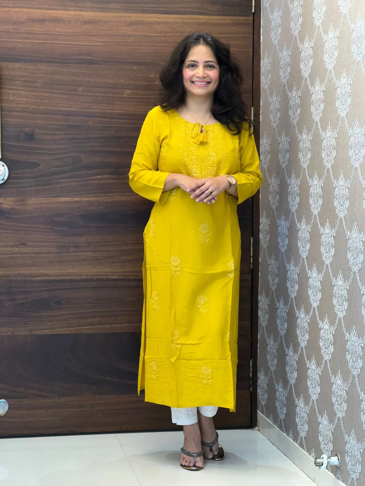 Mustard Color Tone to Tone Chikankari Kurti