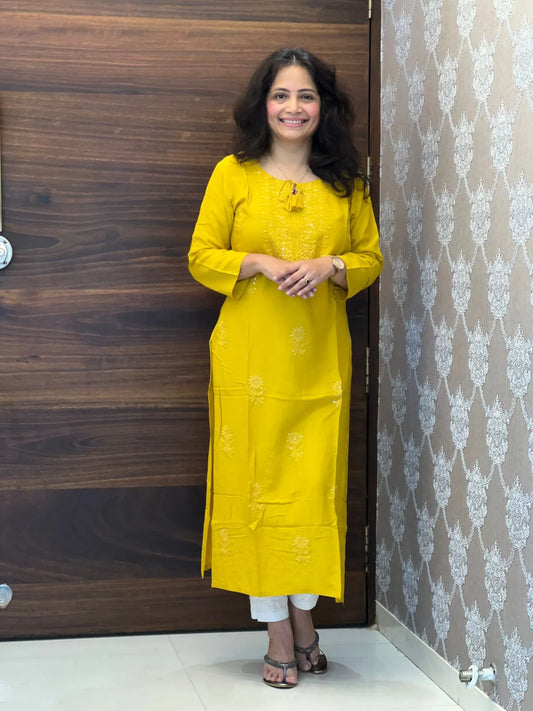 Mustard Color Tone to Tone Chikankari Kurti