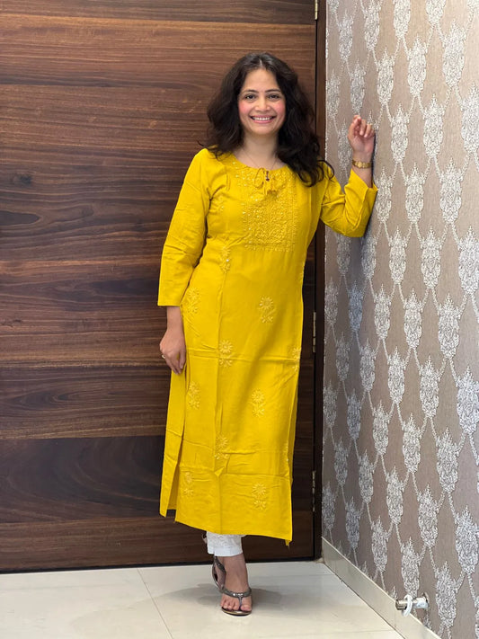 Mustard Color Tone to Tone Chikankari Kurti