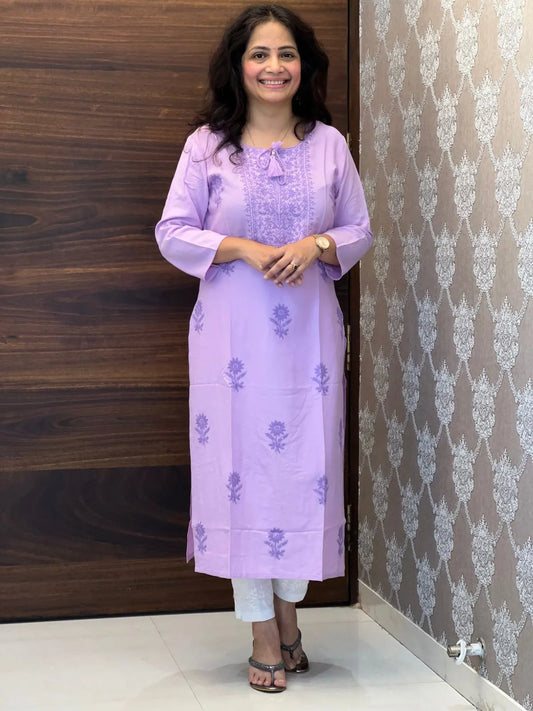 Lilac Color Tone to Tone Chikankari Kurti