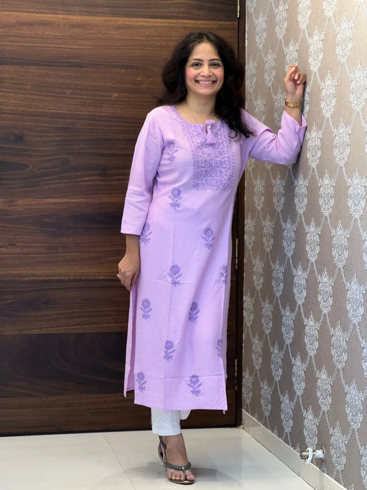 Lilac Color Tone to Tone Chikankari Kurti