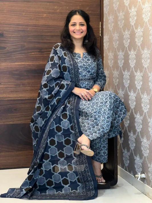 Slate Blue Pure Cotton Dupatta Set