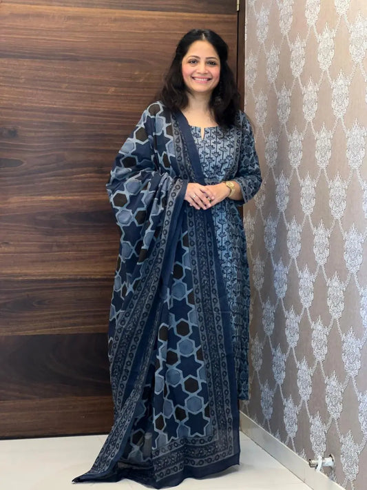 Slate Blue Pure Cotton Dupatta Set