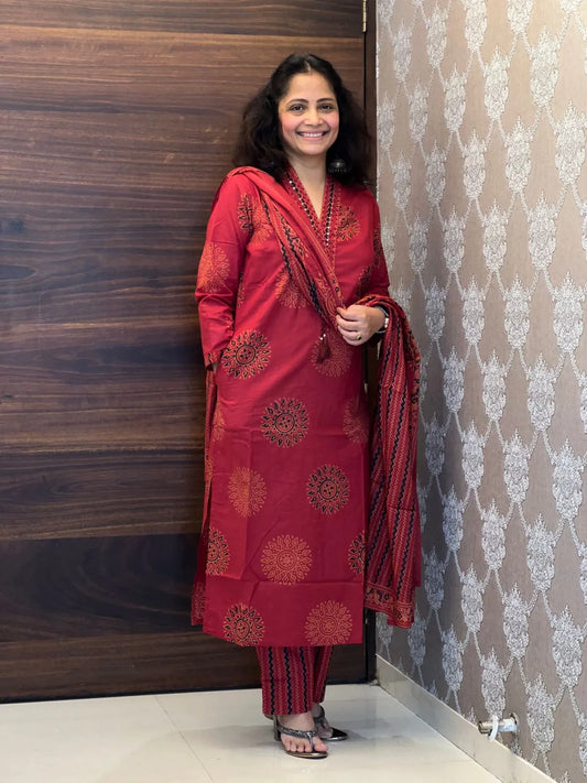 Red Color Pure Cotton Dupatta Set