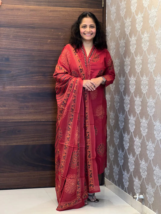 Red Color Pure Cotton Dupatta Set