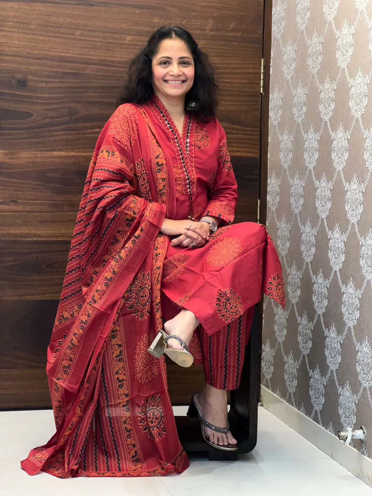 Red Color Pure Cotton Dupatta Set