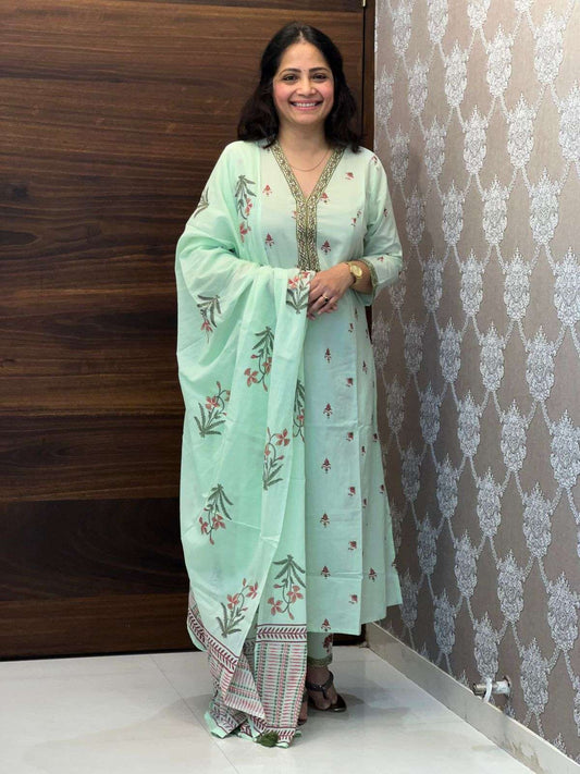 Hand-Block Printed Pista Color A Line Dupatta Set