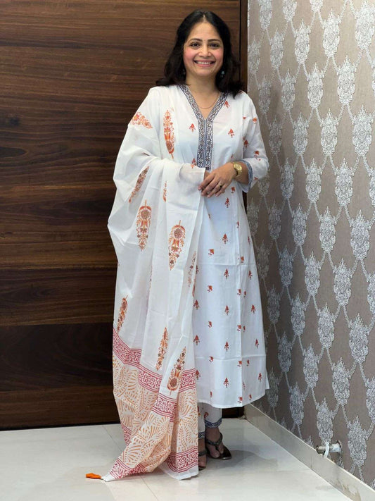 Hand-Block Printed White Color A Line Dupatta Set