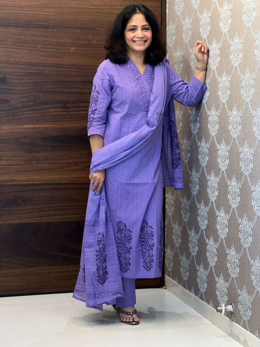 Purple Color Placement Print Pure Cotton Dupatta Set