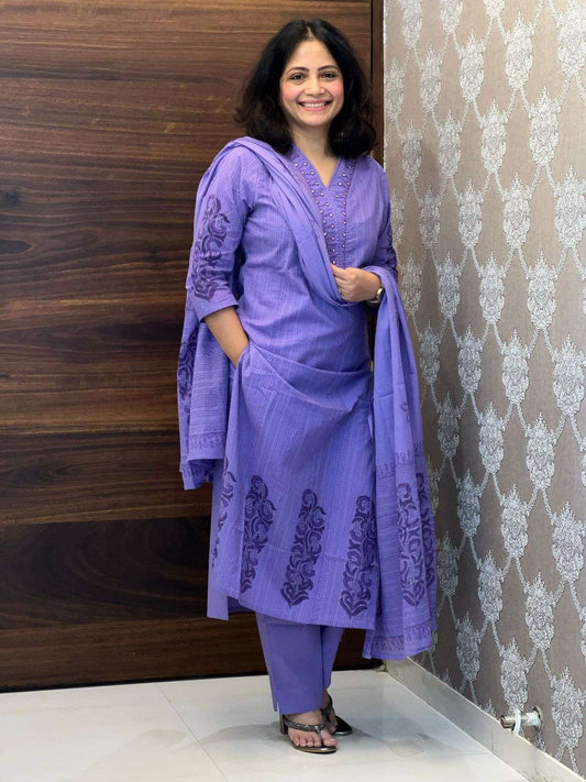 Purple Color Placement Print Pure Cotton Dupatta Set