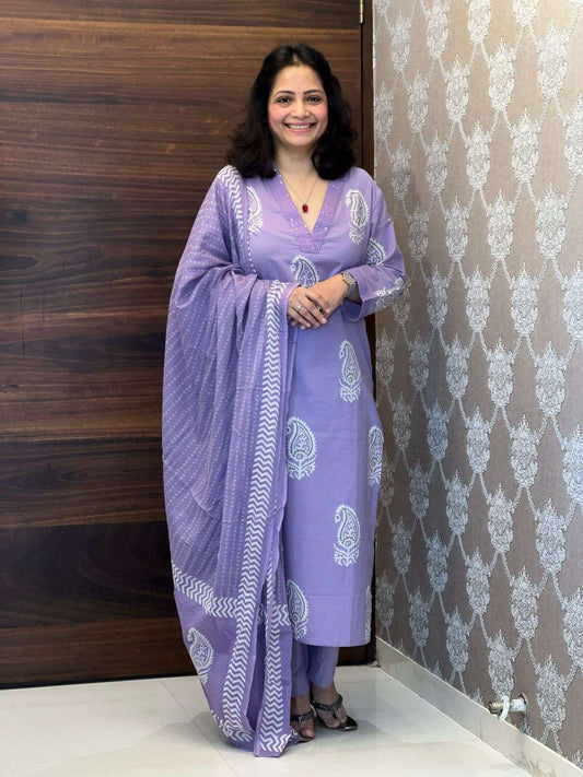Hand Block Print Lavendar Color Pure Cotton Dupatta Set