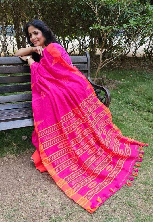 Organic Linen Khadi Pink-Orange Color Saree