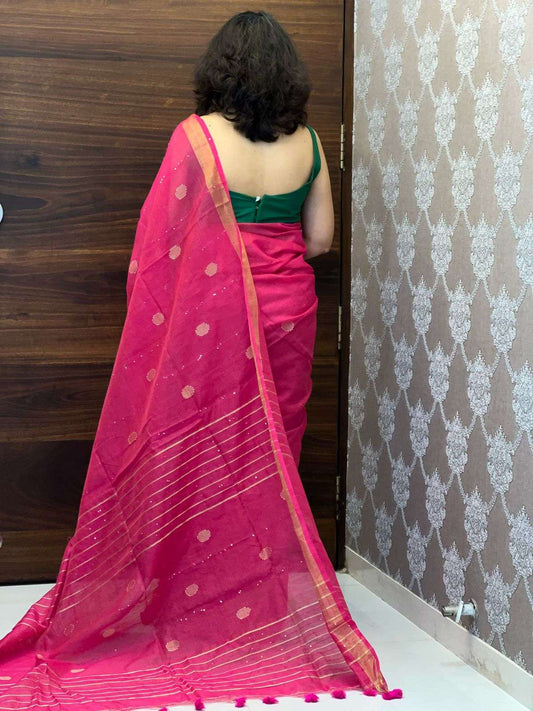 Bright Pink Colour Brocade tissue saree with sequence work