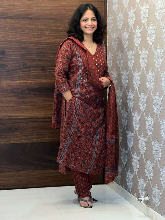 Pure Ajrak Maroon Color Pure Cotton Dupatta Set