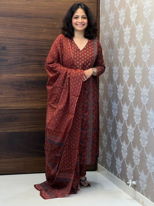 Pure Ajrak Maroon Color Pure Cotton Dupatta Set
