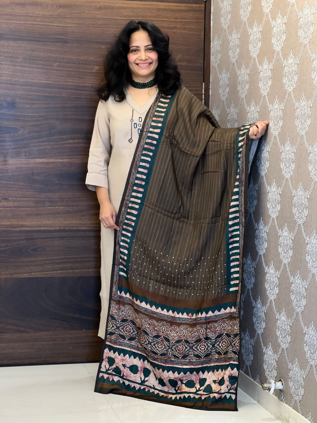 Soft Dove Grey Color Modal Muslin Set With Coffee Color Dupatta