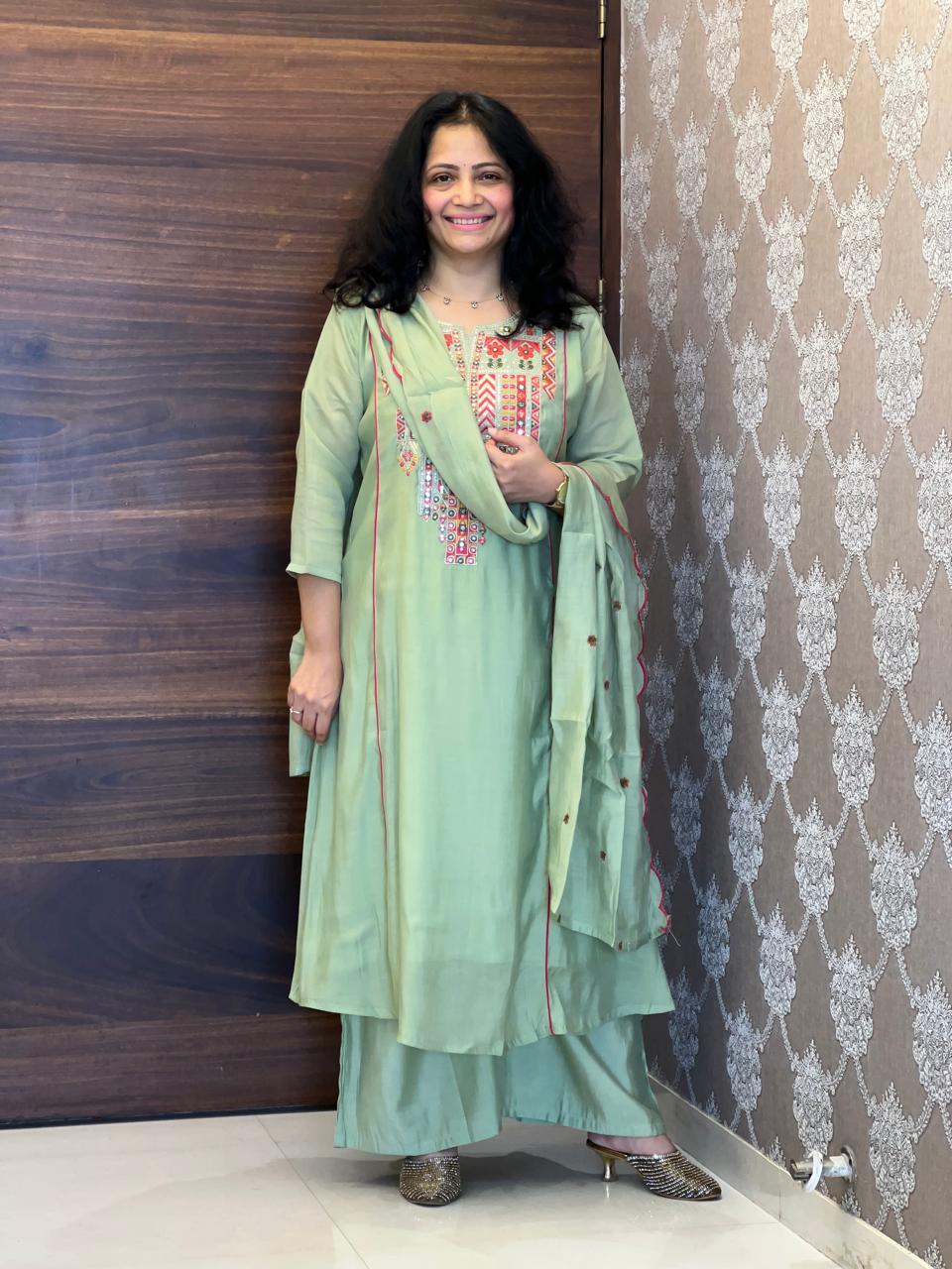 Pista Color Mul Chanderi Dupatta Set