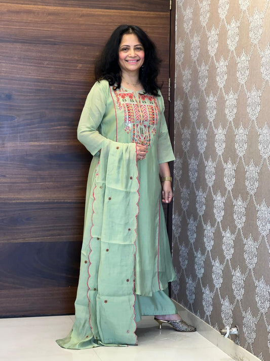 Pista Color Mul Chanderi Dupatta Set
