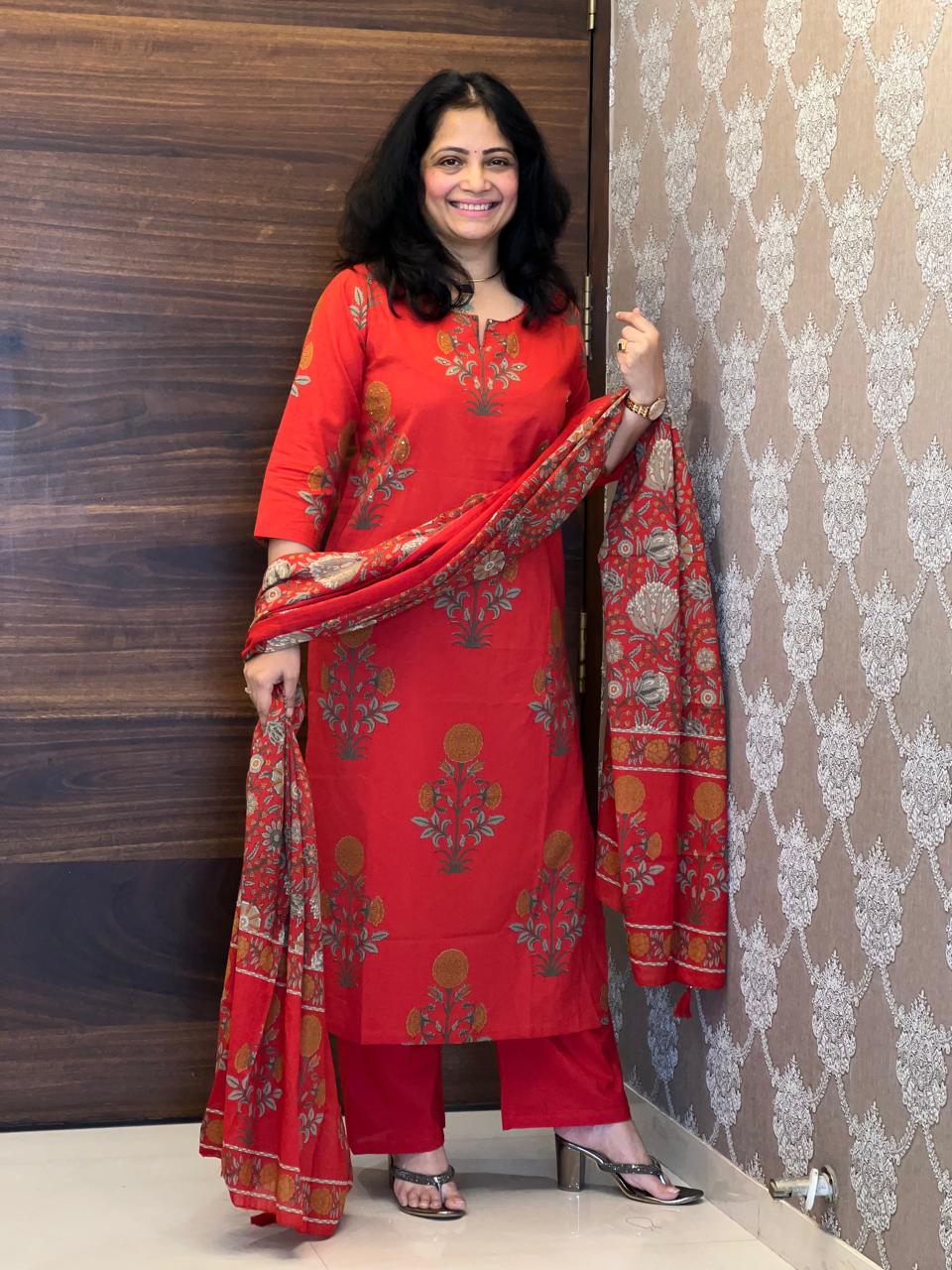 Rust Color Pure Cotton Dupatta Set